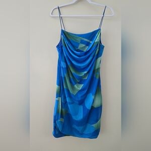 Shein Curve Abstract Blue Green Strappy Mini Mesh Dress 3XL fits Like 2XL